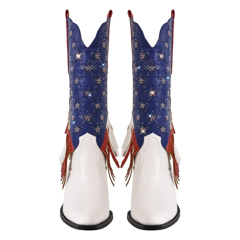 Cowgirl Boots med Amerikansk Flagga och Fransar