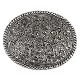 Ovalt bältespänne i vintage-silver med blommigt gravyrmönster