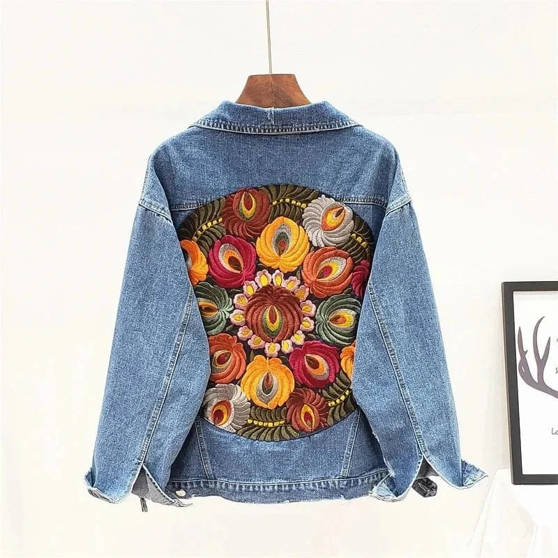 Oversize jeansjacka dam med blombroderi