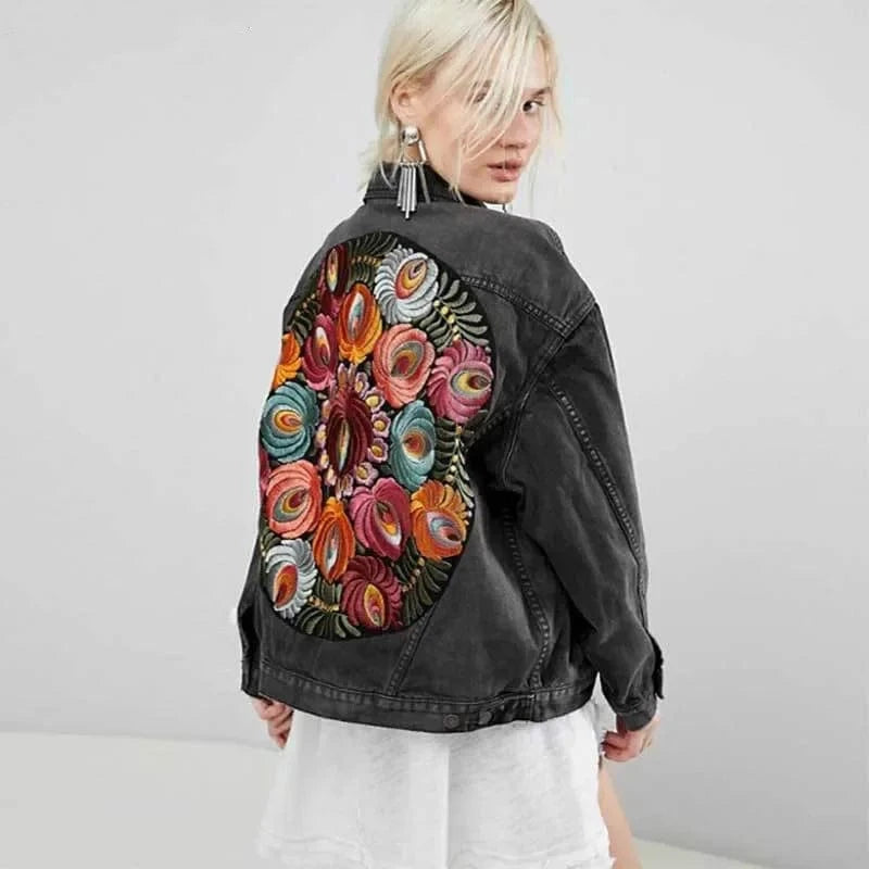 Oversize jeansjacka dam med blombroderi