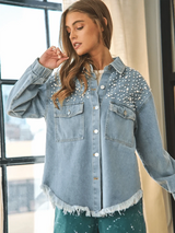 Oversize jeansjacka dam med fransar och pärlor