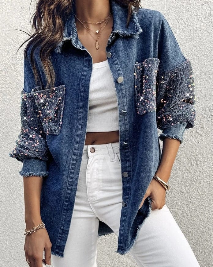Oversize jeansjacka dam med paljetter