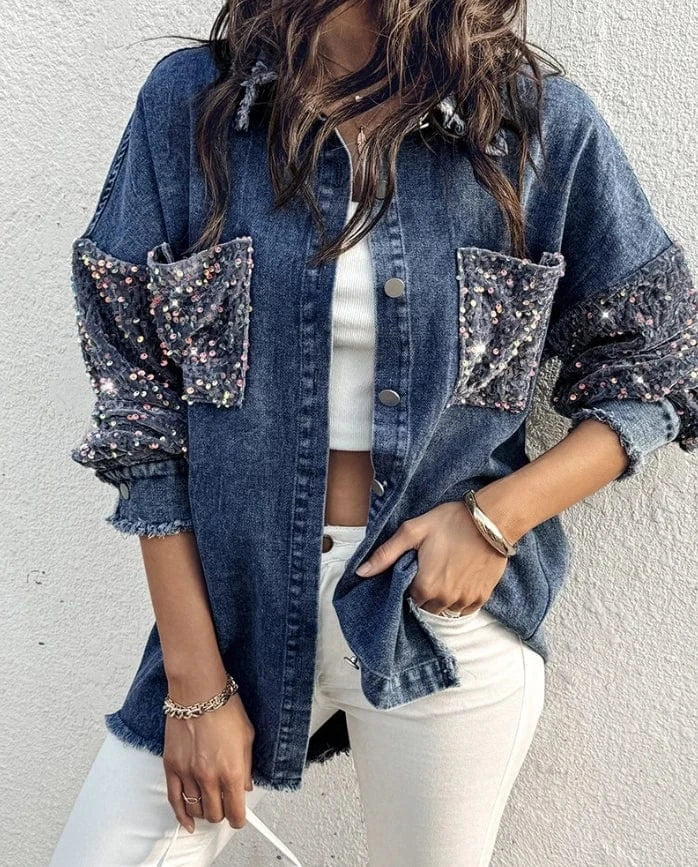 Oversize jeansjacka dam med paljetter