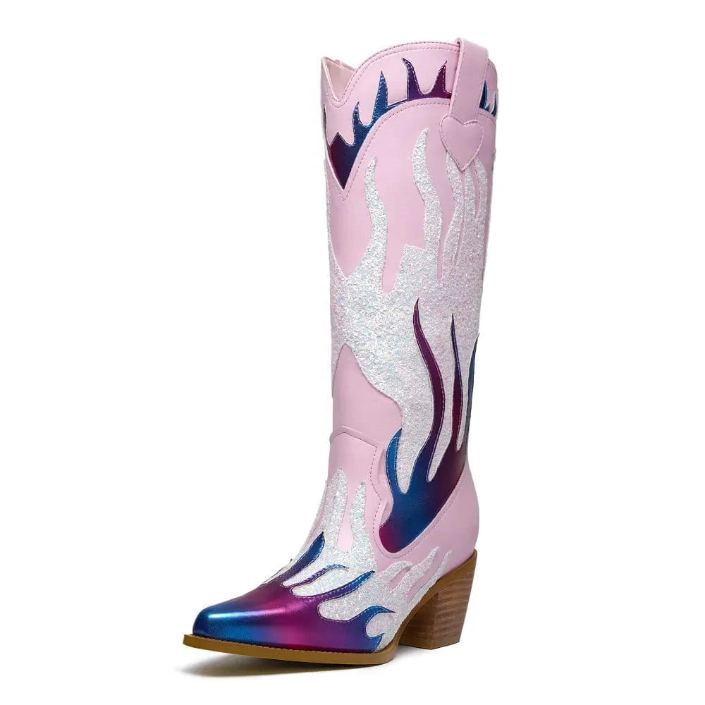 Rosa Höga Cowgirl Boots med Flammor