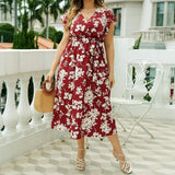 Röd blomming klänning plus size