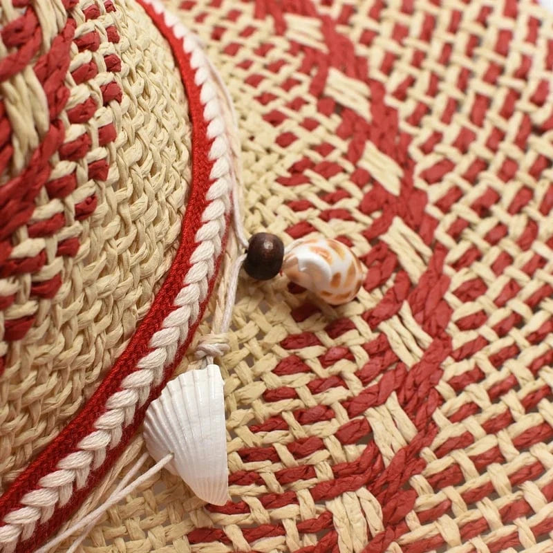 Röd cowboyhatt i naturstrå med snäckor Röd och beige / One Size