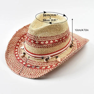 Röd cowboyhatt i naturstrå med snäckor Röd och beige / One Size