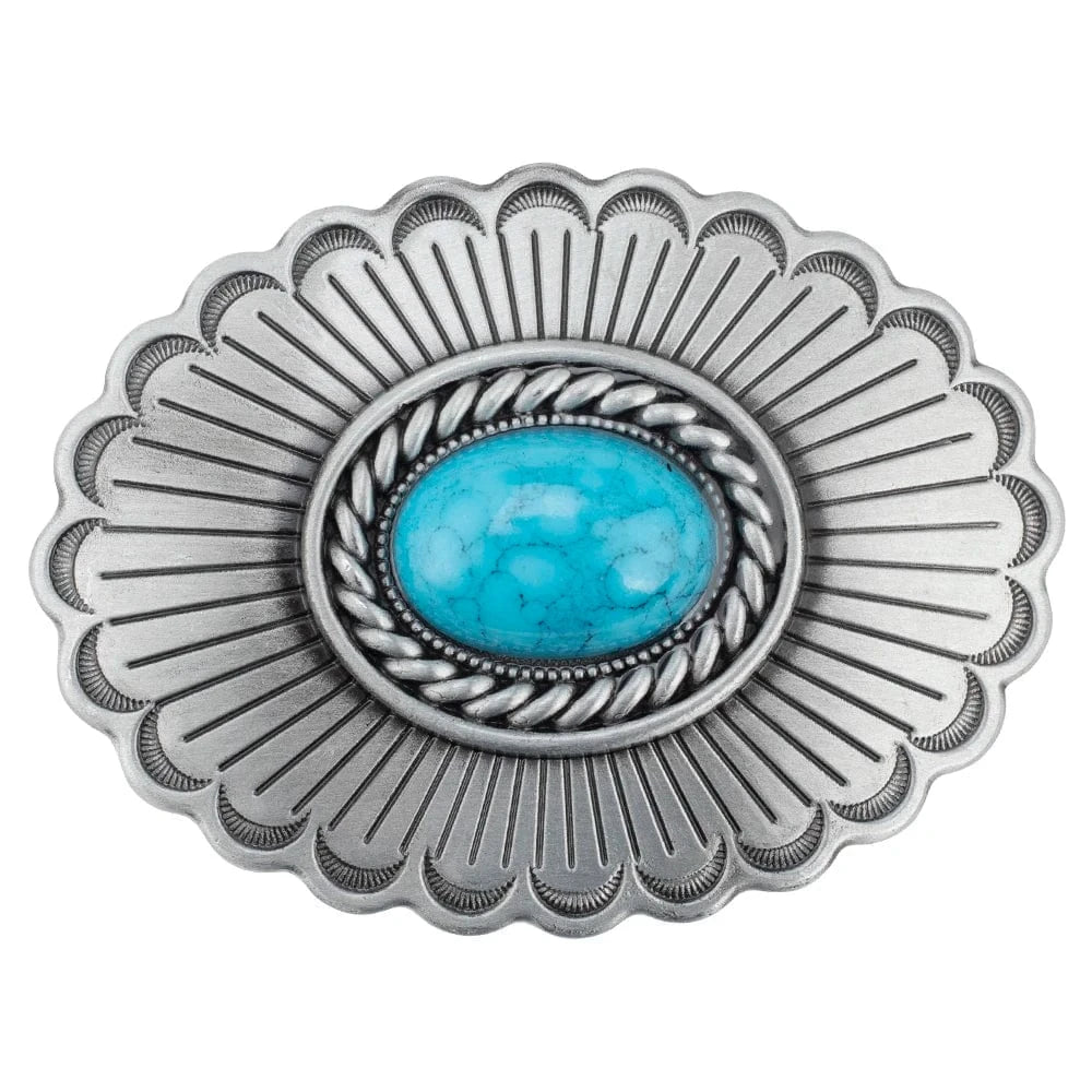 Rund Turkis Concho Bältesspänne Mönstrad Ram Antik Silver