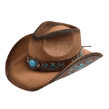 Strå Cowboyhatt med Broderad Läderrem