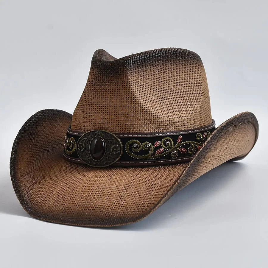 Stråcowboyhatt med Broderad Rem Khaki / One Size