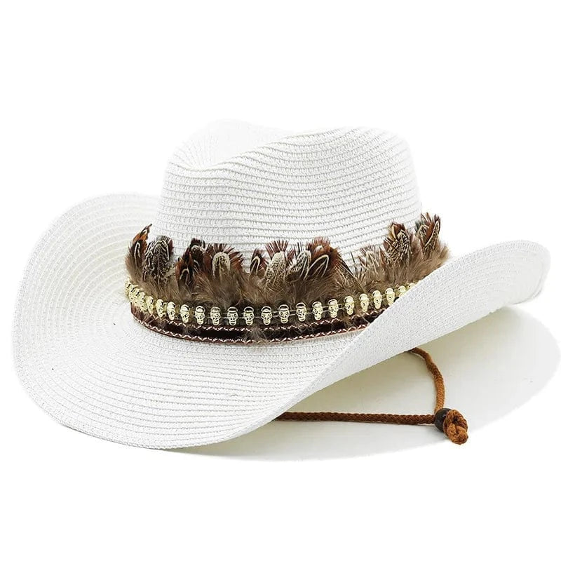 Stråcowboyhatt med fjäderdekor Vit / 56-58cm