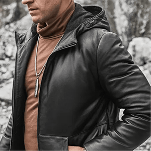 Svart läder dun hoodie jacka herr