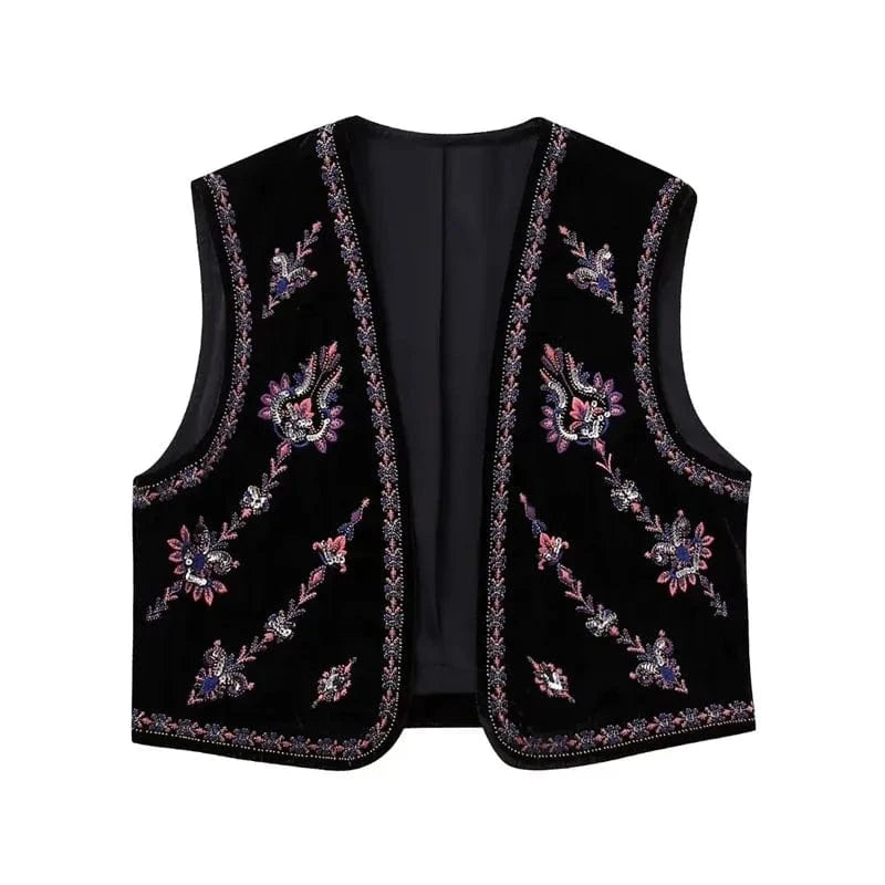 Svart Sammetsväst med Rosa Lila Silver Paljetter Broderi