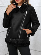 Svart shearling bikerjacka dam