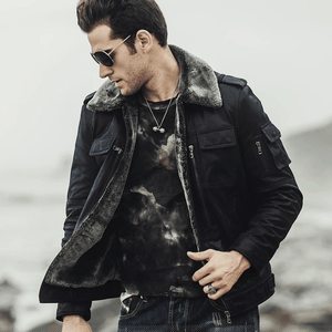 Svart skinn shearling jacka herr