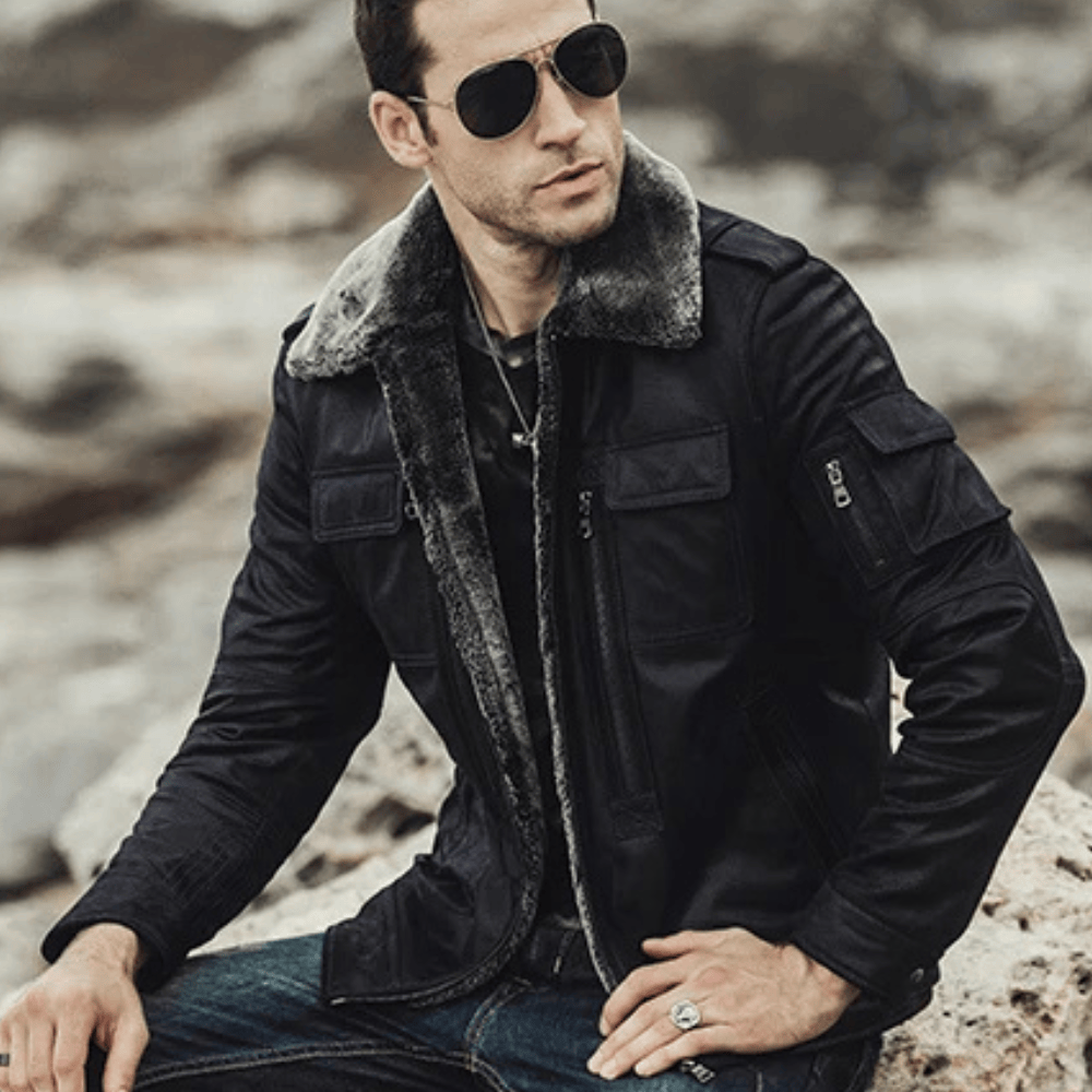 Svart skinn shearling jacka herr