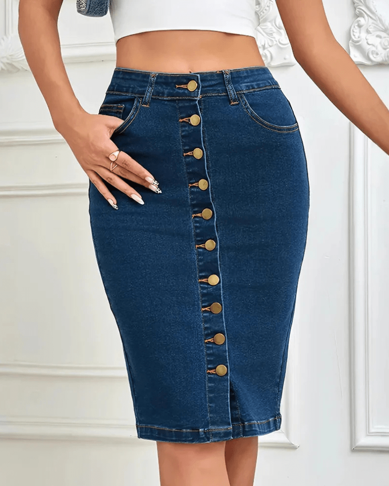 Tajt midi-jeanskjol med knappar