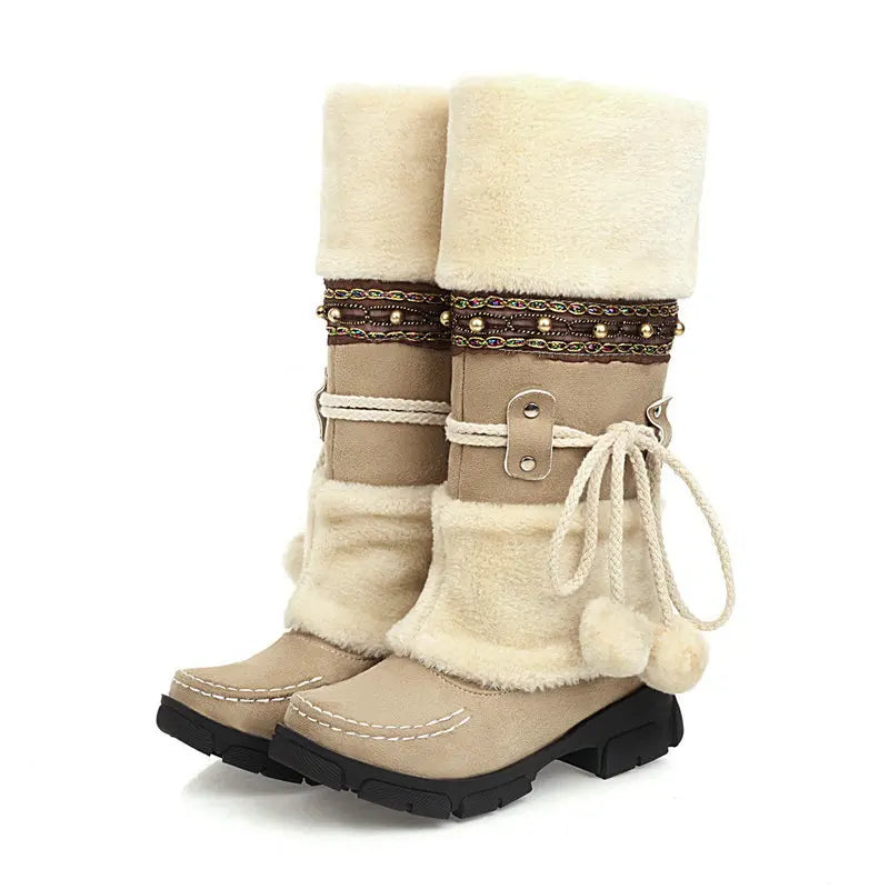 Vinter cowboyboots med fluffig insida och dekorativ snörning