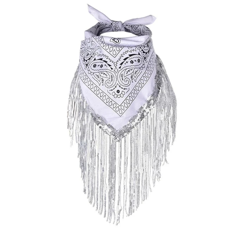 Vit Cowboy Bandana med Glitterfransar
