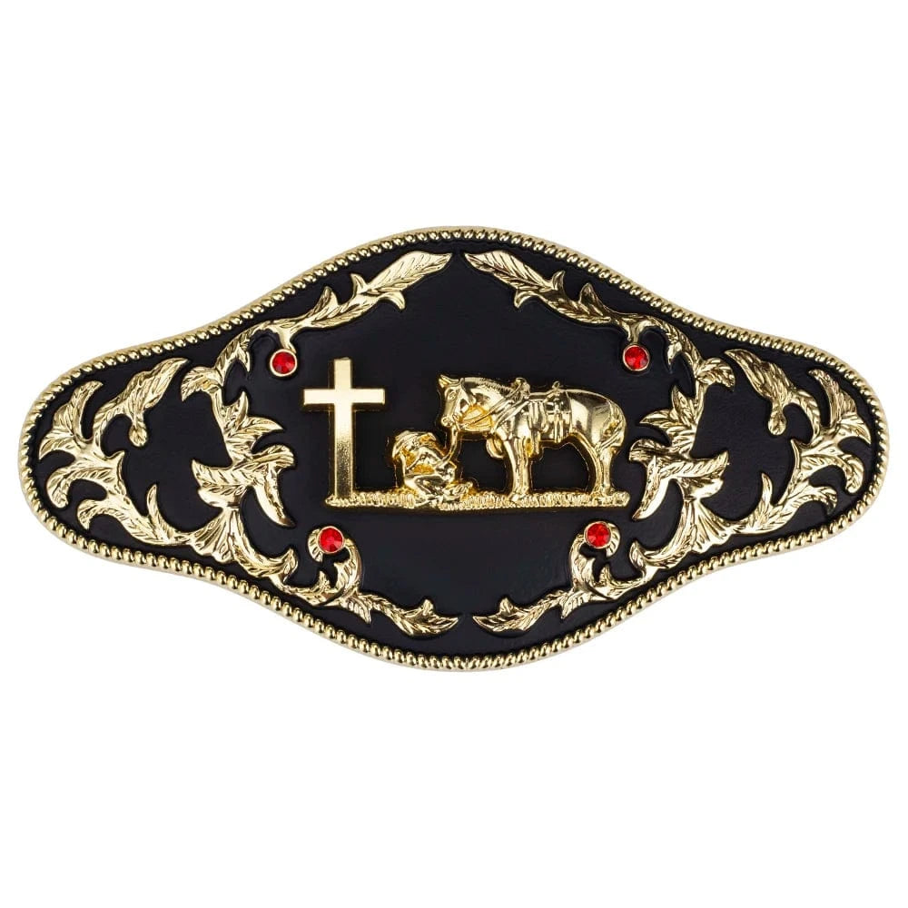 Western Bältesspänne "Böjande Cowboy" med Röda Strass och Guldgravyr