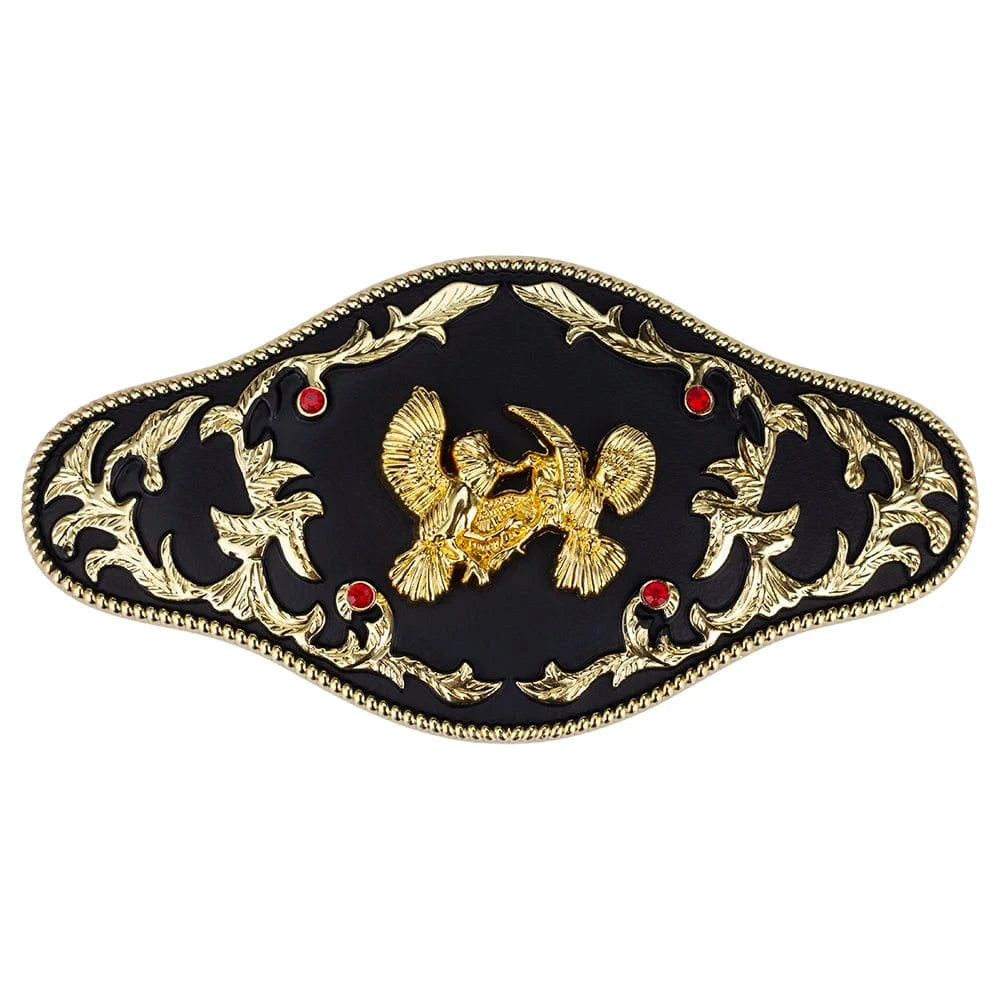 Western Bältesspänne "Böjande Cowboy" med Röda Strass och Guldgravyr