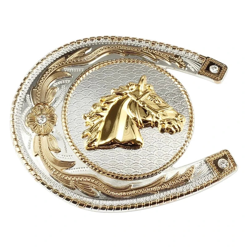 Western bältesspänne med hästhuvud i guld och silver cowboy stil