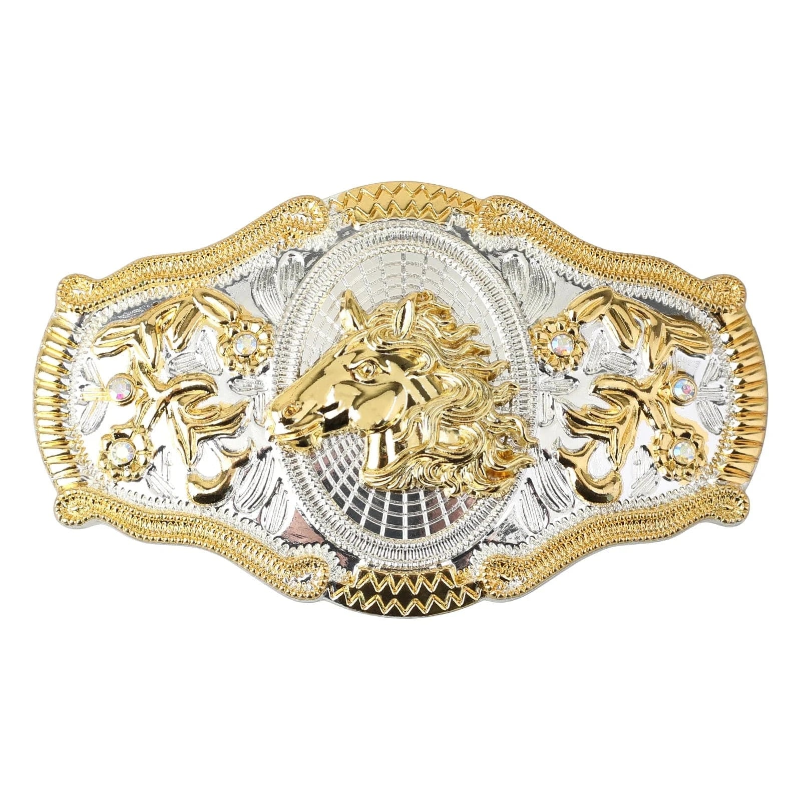 Western Bältesspännen Guld Silver Djurmotiv Vita Strass Blommig Relief
