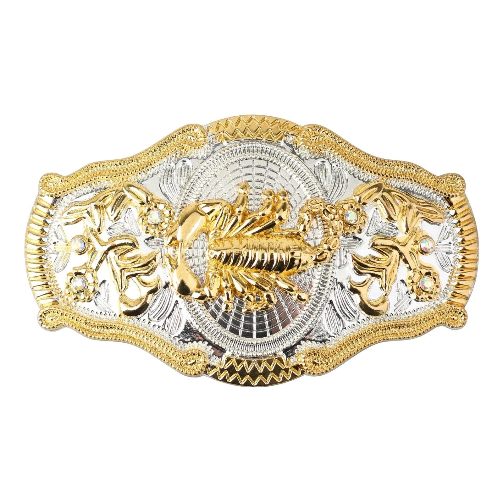 Western Bältesspännen Guld Silver Djurmotiv Vita Strass Blommig Relief