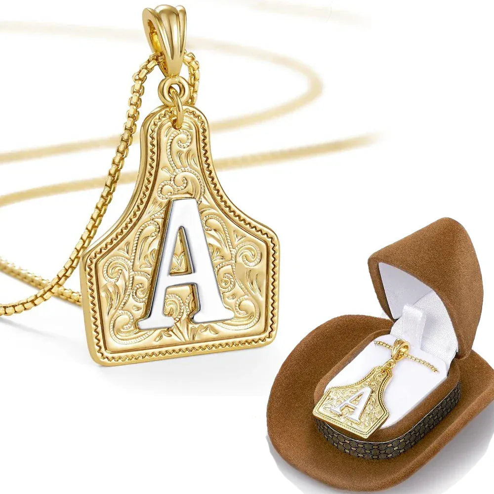 Western Cowgirl Initial Necklace Cowboy A-Z Letter Pendant Necklace for Women Handmade CowTag Two-Toned Jewelry Gift