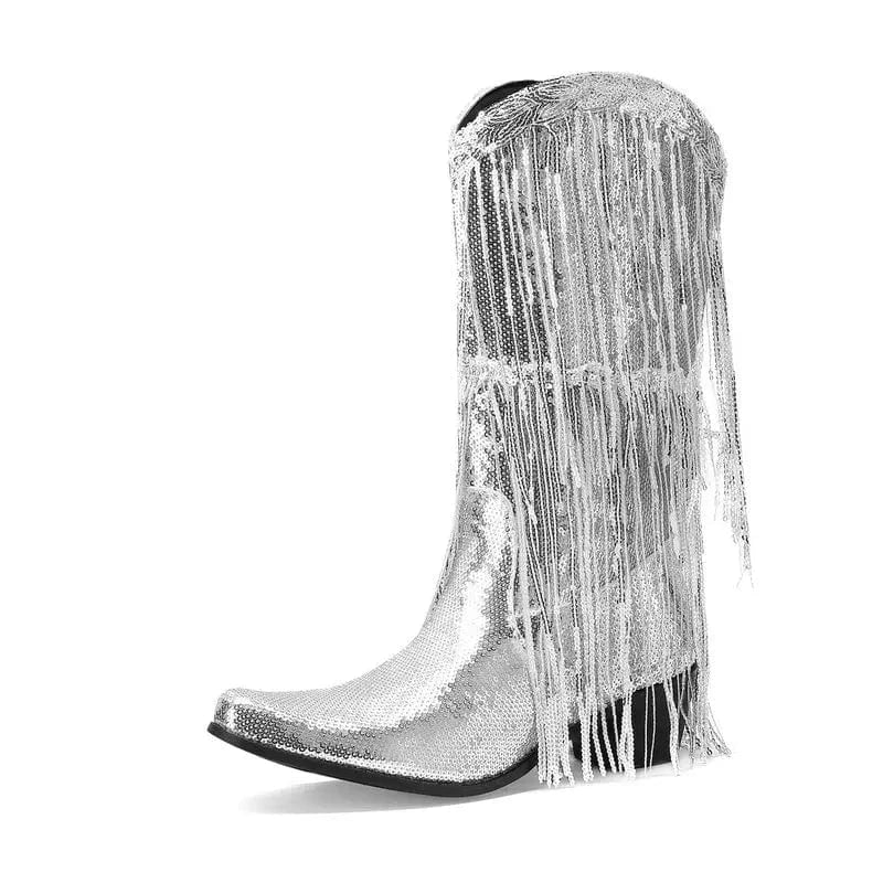 Westernboots med Glittrande Fransdesign Silver / 35