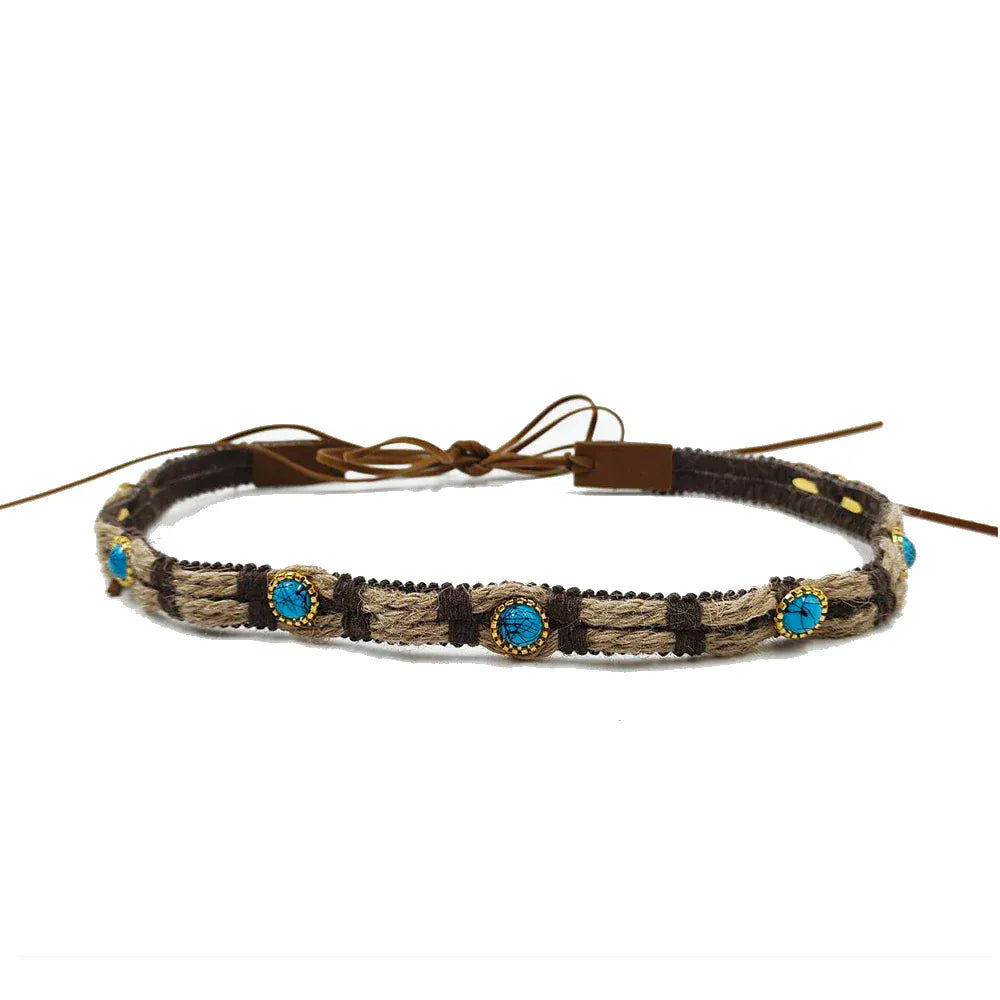 Westernhattband med flätad och turkosstenar