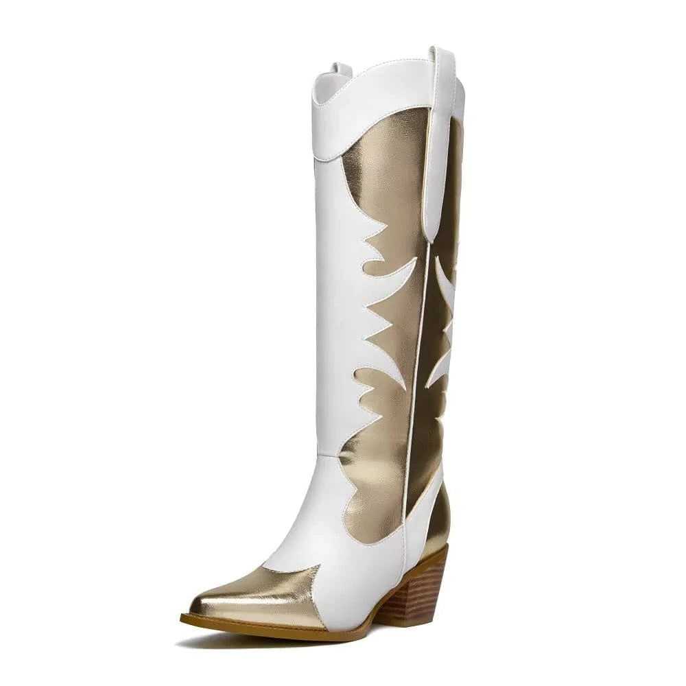 Vita Höga Cowgirl Boots med Guldiga Detaljer